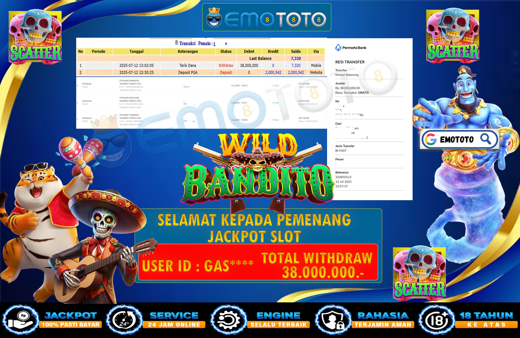 EMOTOTO : BUKTI JACKPOT MEMBER PERMAINAN SLOT PG SOFT (WILD BANDITO) RP 38.000.000 DI BAYAR LUNAS LANGSUNG KE REKENING MEMBER